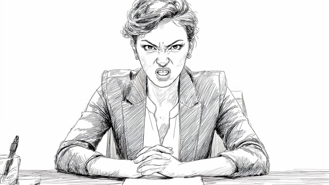 A drawing of a woman sitting at a desk with her hands clasped in front of her