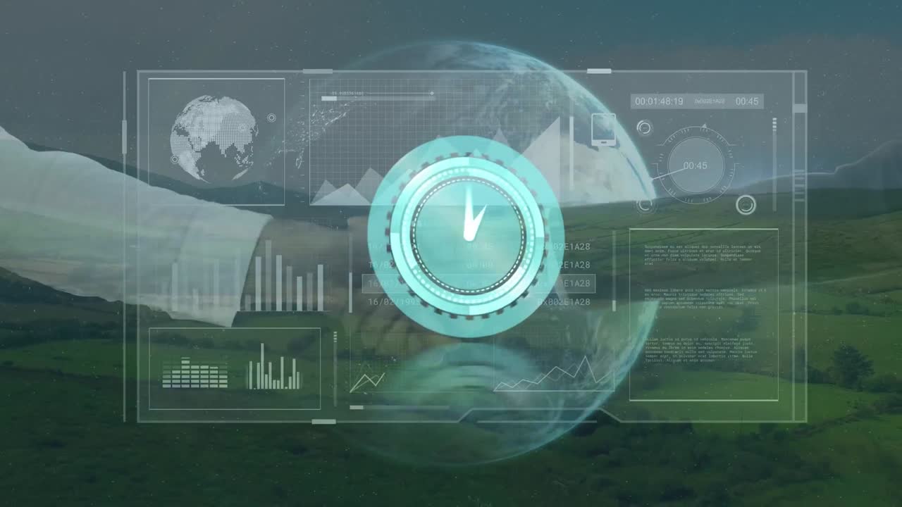 animación de reloj en movimiento, globo terrestre y procesamiento de datos sobre diversas personas que se estrechan la mano y el paisaje