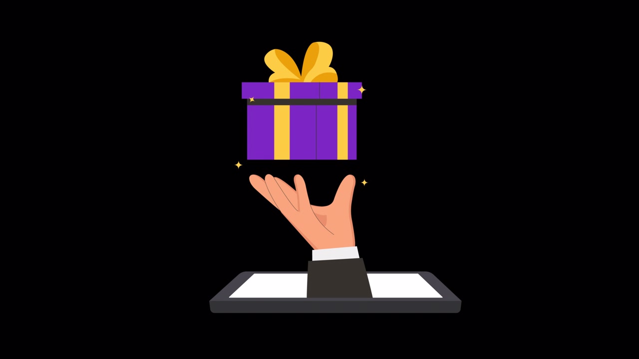 Hand, die aus einem Tablet-Bildschirm ragt und eine Geschenkbox hält