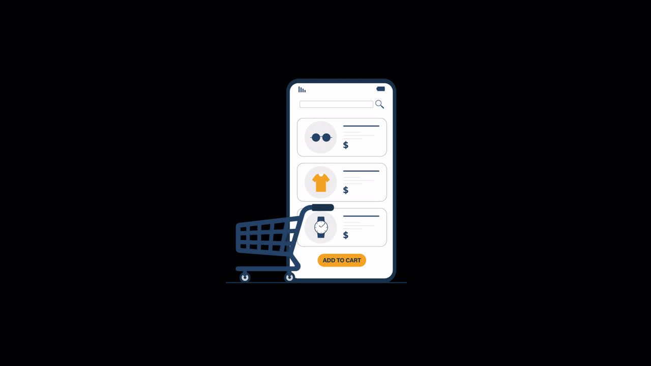 Animated Smartphone Displaying E-commerce App and Shopping Cart