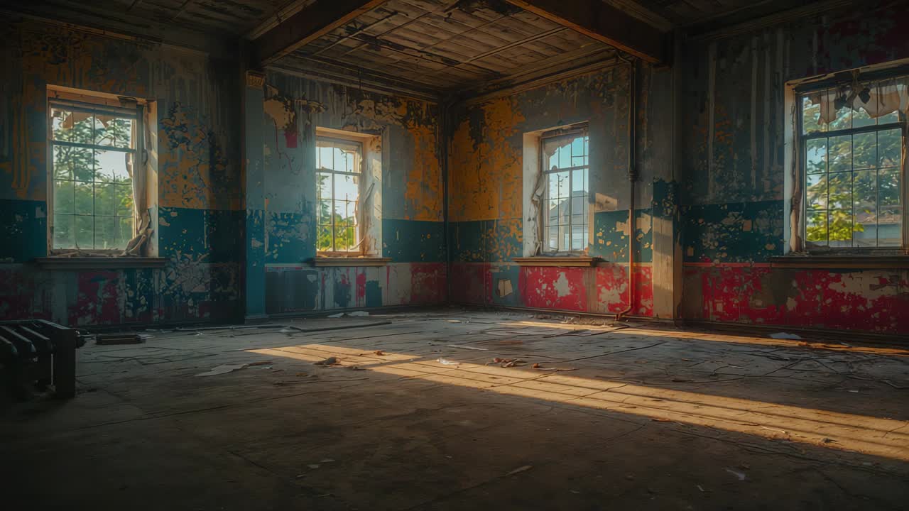 Observing ruined room in building with sun moving across floor via windows exposing peeling paint
