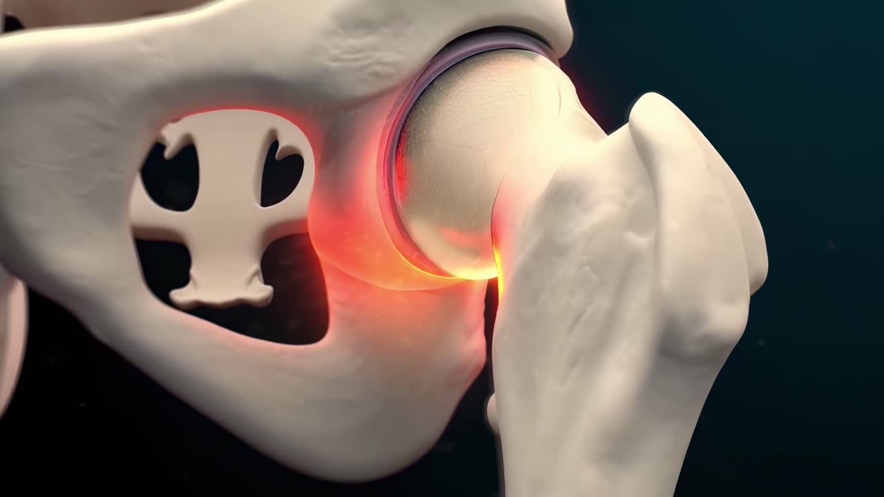 3D-video af et hofteled i nærbillede, der viser inflammation med en dynamisk vinkel