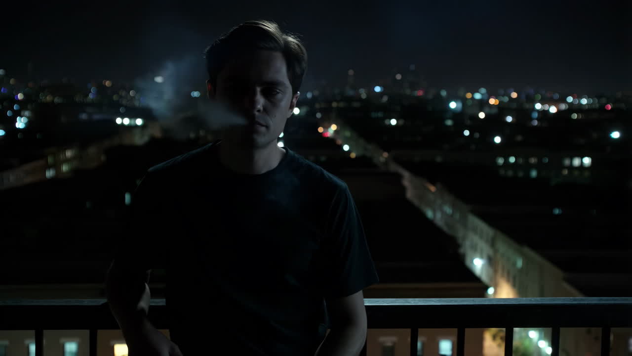 Man on a Balcony at Night with City Lights