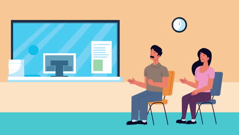 young couple in waitroom characters animation