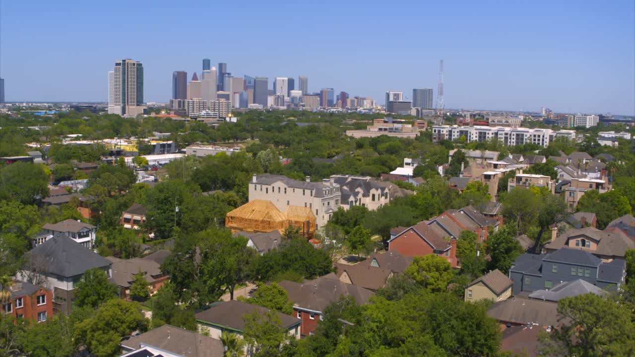 Drone view of homes in affluent upper middle class Neighborhood in Houston, Texas