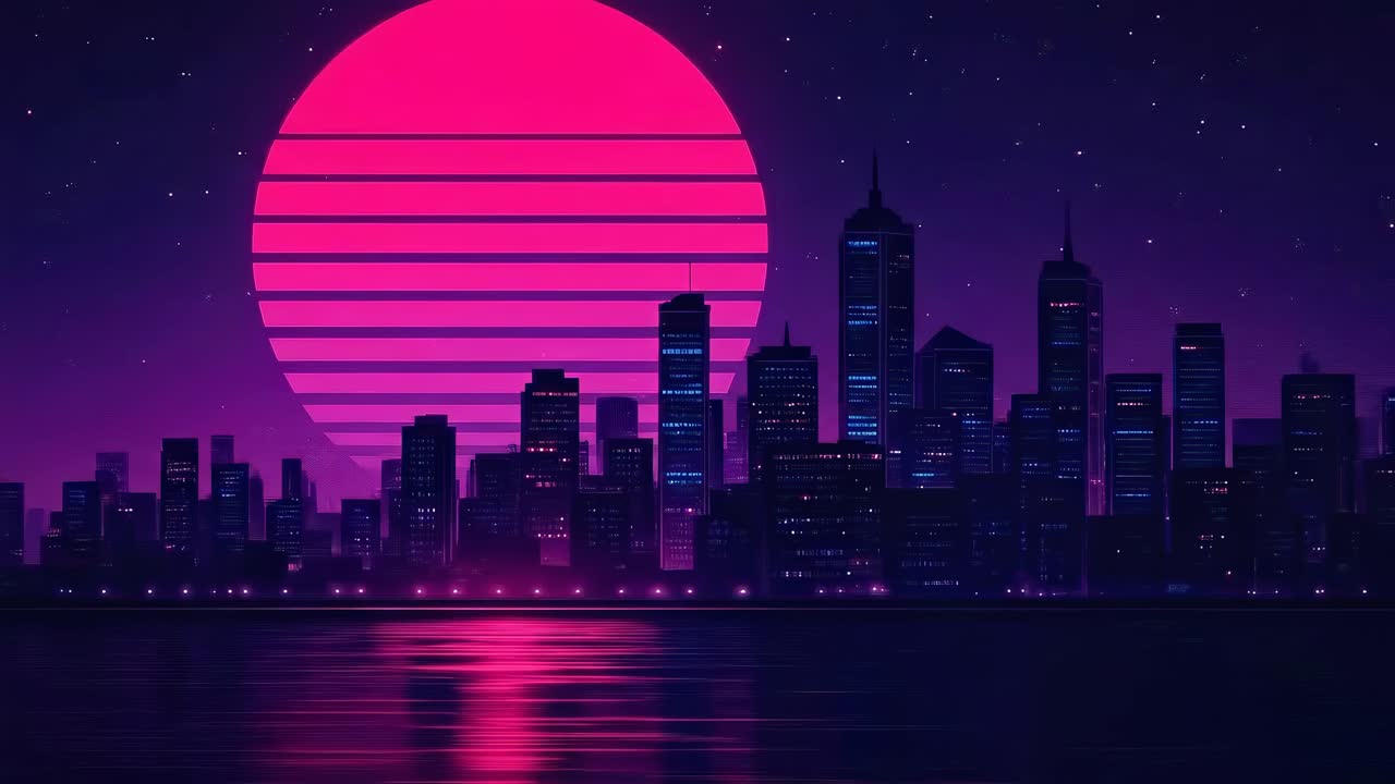 Paisagem urbana retrofuturista com cores neon, vista em ângulo baixo, ideal para um vídeo synthwave.
