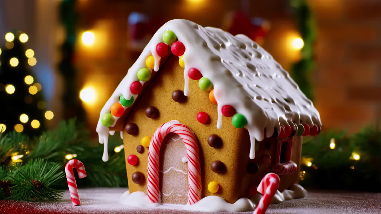 Festive Gingerbread House with Christmas Lights and Candy Canes