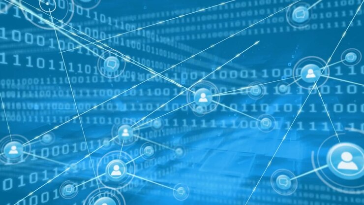 Animation of network of connections with icons and binary coding data processing