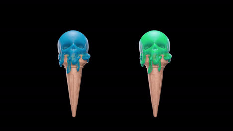 green and blue melting ice cream in the form of a skull with alpha channel