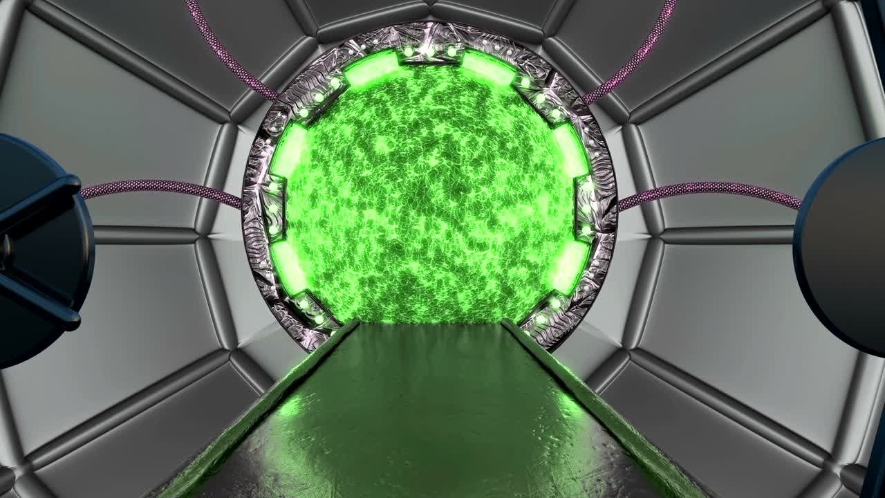 la escotilla oxidada de hierro abre una vista panorámica a la escena del paisaje de la nave espacial. fondo abstracto 3d de corredor de ciencia ficción con portal. tecnología futurista abstracto vj para títulos tecnológicos y fondo.