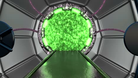 iron rusty hatch opens panoramic view to the spaceship landscape scene. 3d abstract background of sci-fi corridor with portal. futuristic technology abstract vj for tech titles and background.