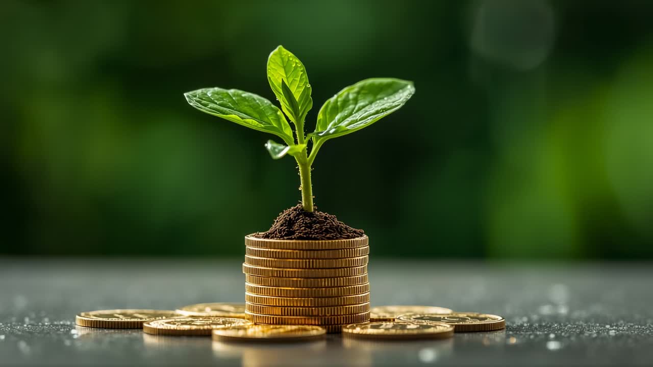 Light shifting urging sapling emerging from soil atop gold coin stack on table, symbolizing wealth