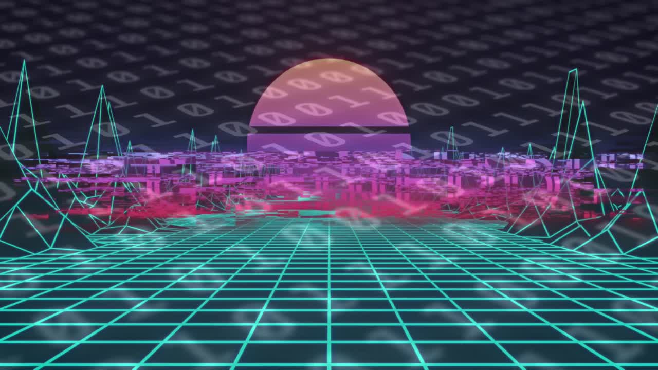 다채로운 그리드와 디지털 지형 위에 준비된 텍스트의 애니메이션