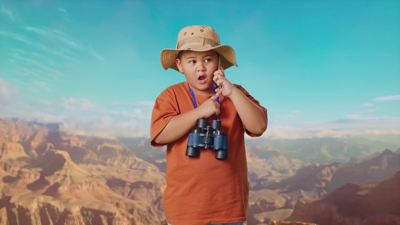 Asian Boy With A Hat And Binoculars Talking On Smartphone While Traveling At The Top Of Mountain. Boy Researcher Examines Something, Travel Tourism Adventure Concept
