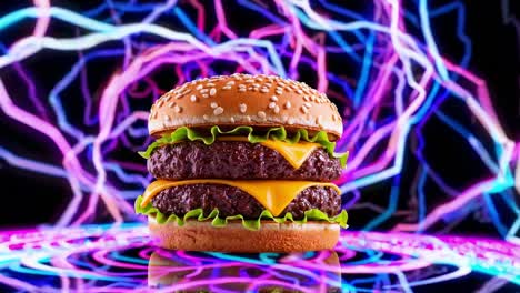 delicious double cheeseburger featuring layered beef patties, crisp lettuce, juicy tomato, and melted cheese, spinning against vibrant electric backdrop