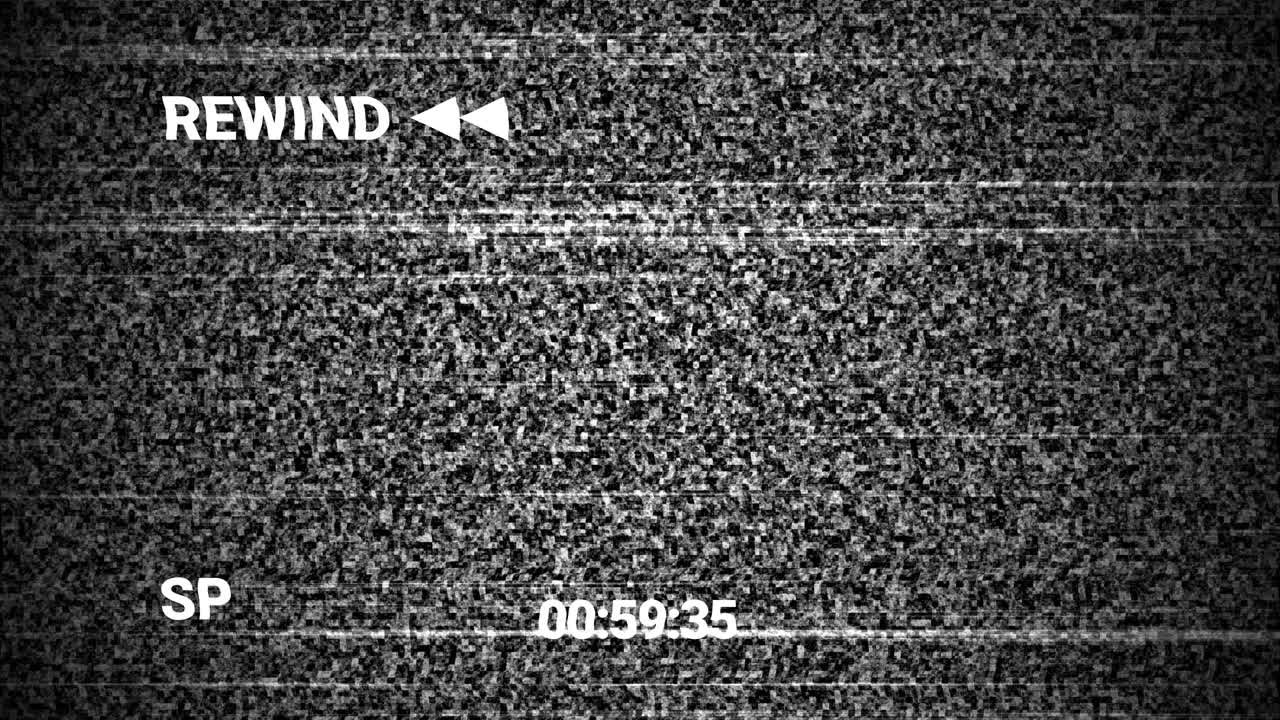 Retro VHS Rewind Screen with Static and Glitch Effect