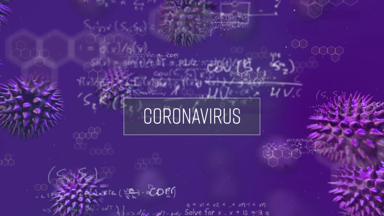 Animazione della parola Coronavirus con equazioni matematiche su cellule Covid-19