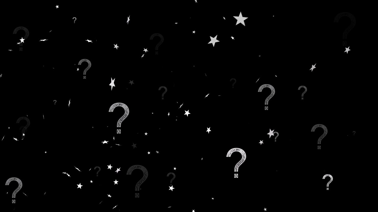 Faint stars sparking question marks appearing, growing and drifting on black field showing doubt