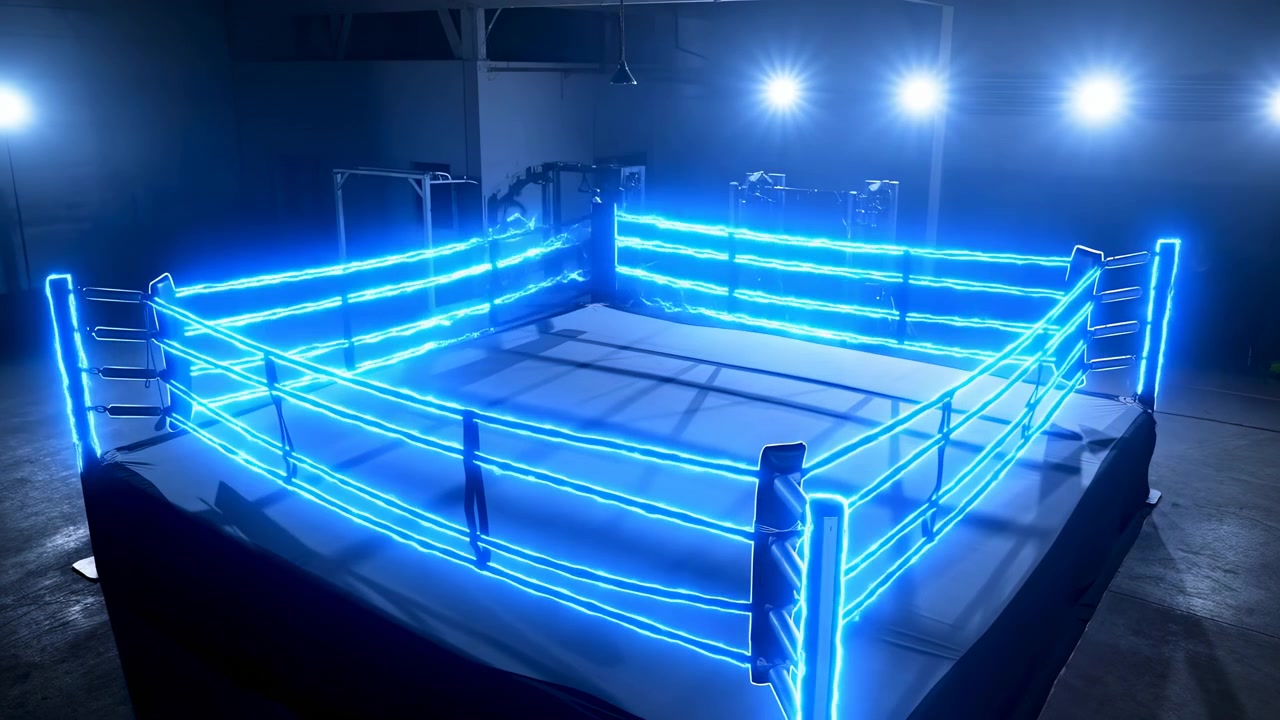 Electric blue glow appears on one side of the empty ring, then travels across multiple ropes and posts until the full perimeter shines against the dim interior and pale canvas floor.