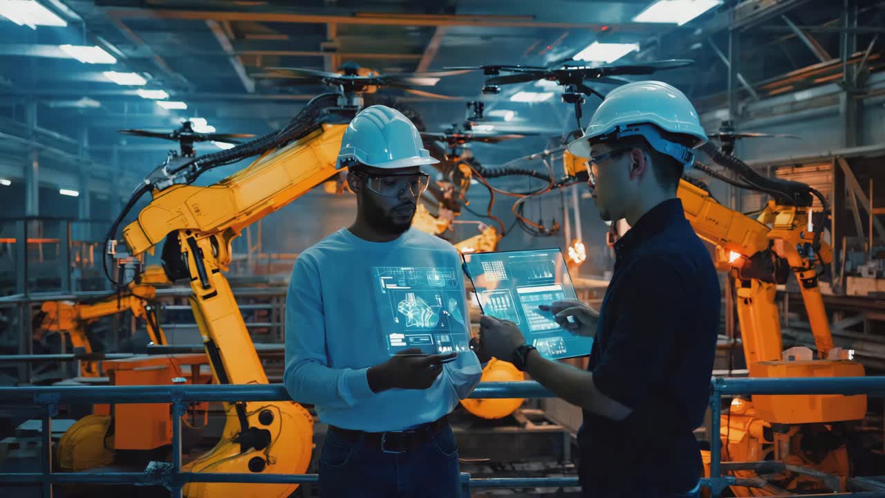 Engineers working on robotic automation in a factory