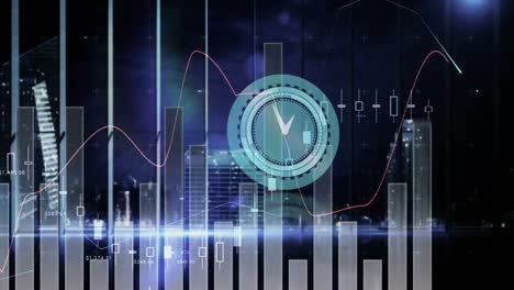 animación del reloj que se mueve rápido sobre estadísticas y procesamiento de datos financieros