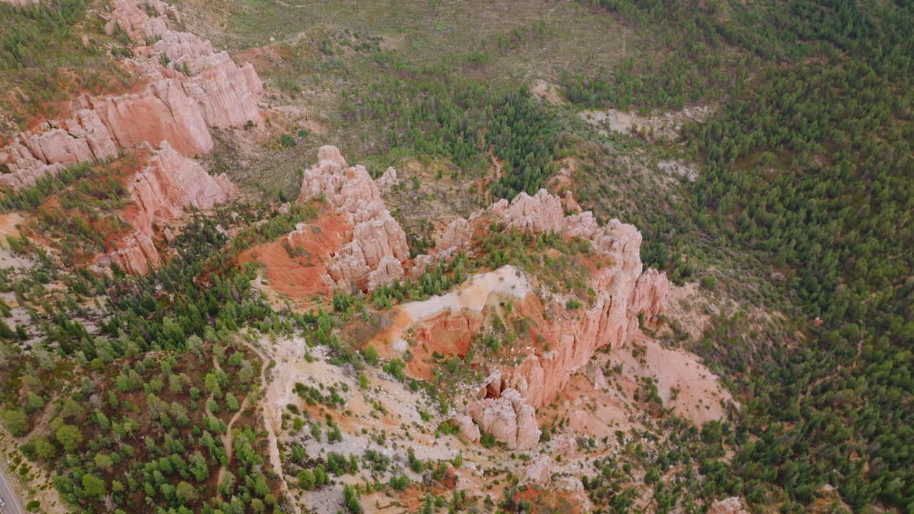 Aerial View of Red Rock Formations and Forest