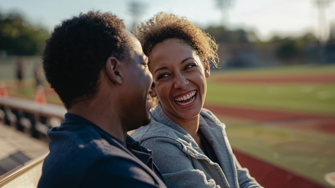 Laughing couple as man turning to woman on bleachers at track, in jacket and hoodie