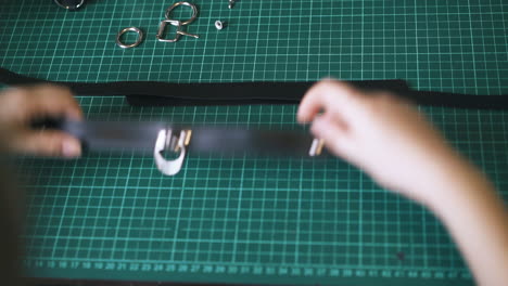 tailor makes black leather choker with fabric strips closeup