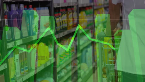 animación del procesamiento de datos sobre el hombre caucásico con el carrito en la tienda