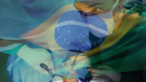 Animation-of-flag-of-brazil-waving-over-surgeons-in-operating-theatre