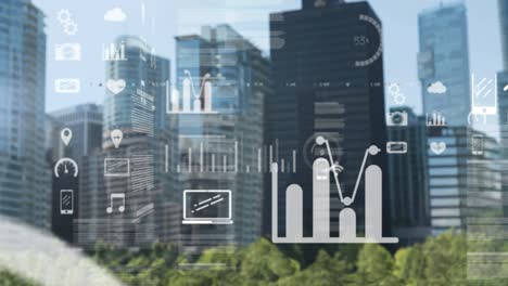 animation of statistics and data processing over cityscape background