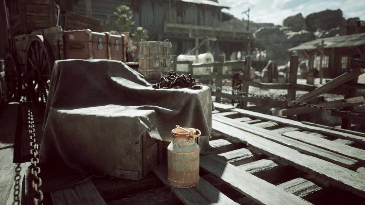 Rustic dock setting with wooden crates and a milk jug in a sunlit environment