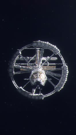 vertical shot of a colony ship heading off into deep space as seen from behind