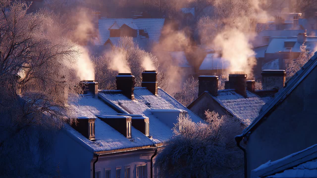 A picturesque winter scene capturing the enchanting beauty of frosty rooftops, where delicate plumes of smoke billow from chimneys amidst a serene landscape blanketed in snow, glowing softly under the winter sun