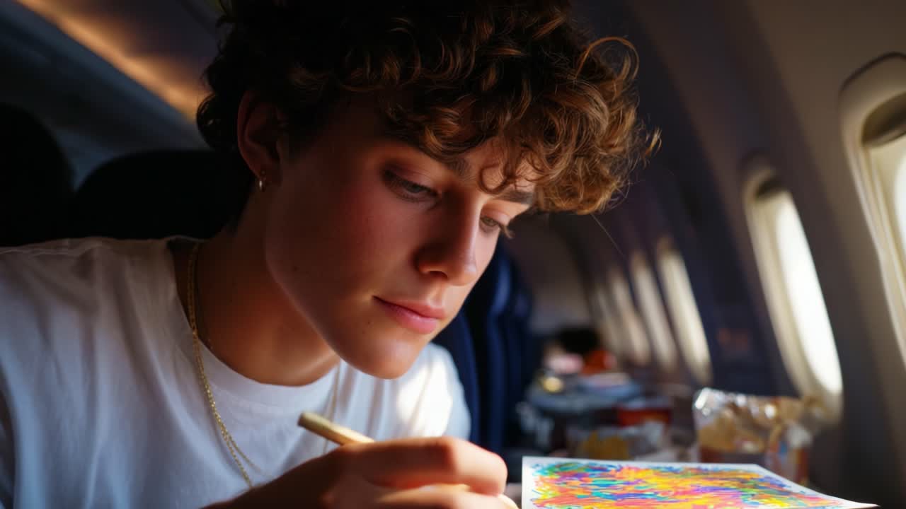 A Young Artist Captively Engaged in Coloring a Vibrant Artwork While Looking Out the Airplane Window, Showcasing the Joy of Creativity During a Journey in the Sky