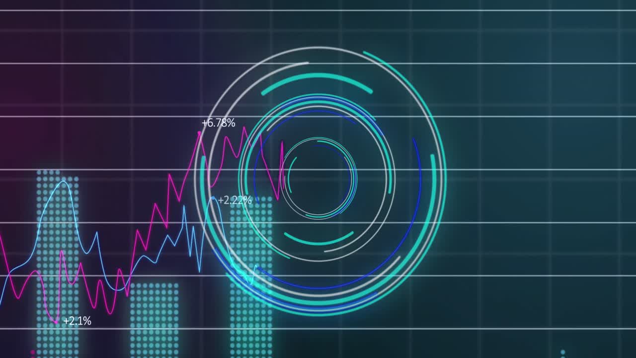 animación del escáner redondo de neón y procesamiento de datos estadísticos contra un fondo de gradiente azul