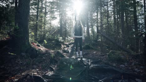 joven mujer caucásica caminando por el bosque con la luz del sol de la mañana