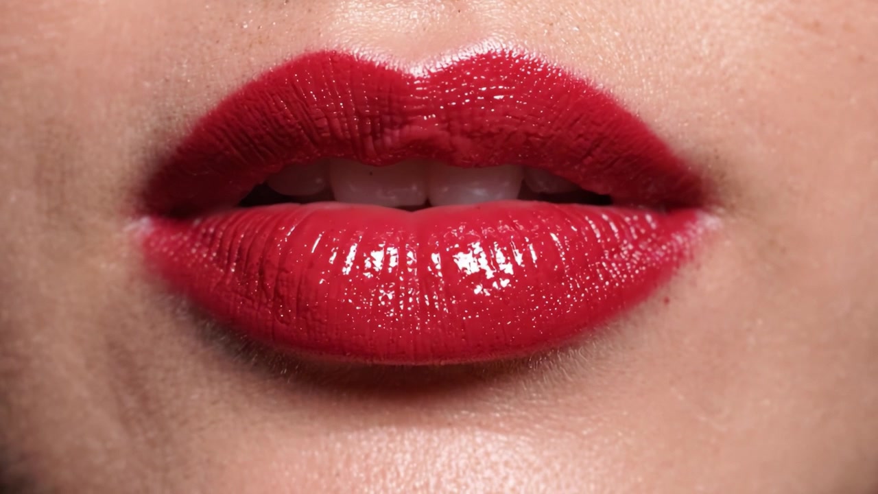 Close-up de lábios vermelhos brilhantes exibindo cor vibrante e textura suave, perfeitamente modelados com um toque de brilho e elegância, ideal para maquiagem artística e fotografia de moda.
