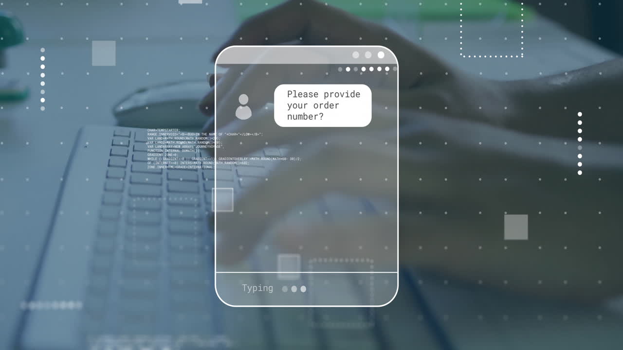 Animation of screens with data processing over caucasian man using computer