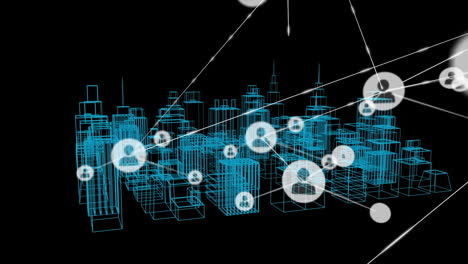 animation of network of connections over 3d cityscape drawing on black background