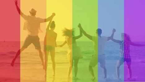 Animation-Des-Regenbogens-über-Einer-Gruppe-Glücklicher-Menschen-Am-Strand