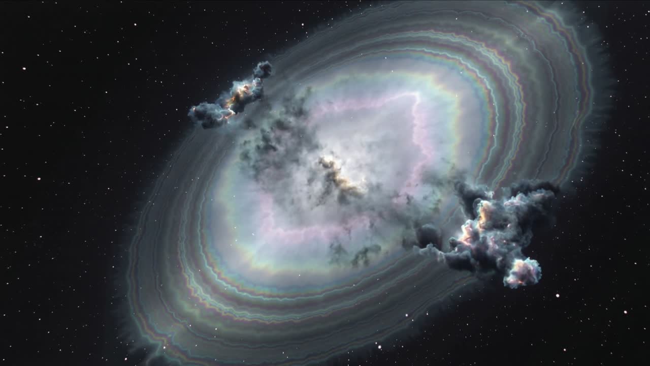 Una nebulosa ad anello rotante si inclina nello spazio, con un timelapse che inizia a rivelare il nucleo e i filamenti.