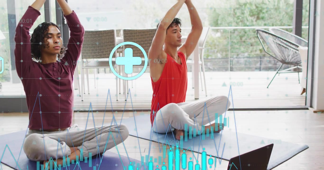 Partner di yoga che avviano il laptop e meditano, con icone e barre del benessere che tracciano le metriche