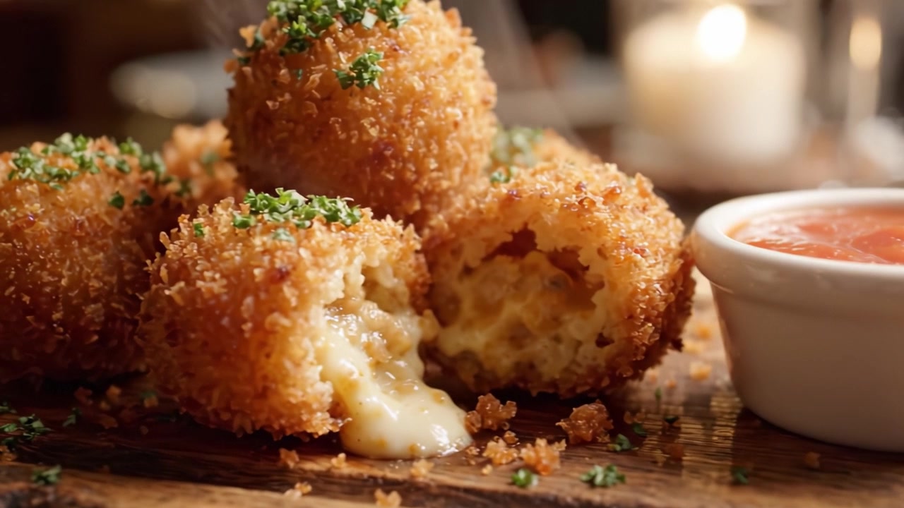 Deliciously Crispy Cheese Balls Served with Tangy Marinara Sauce: A Tempting Treat Perfect for Snacking or Appetizers to Satisfy Your Cravings