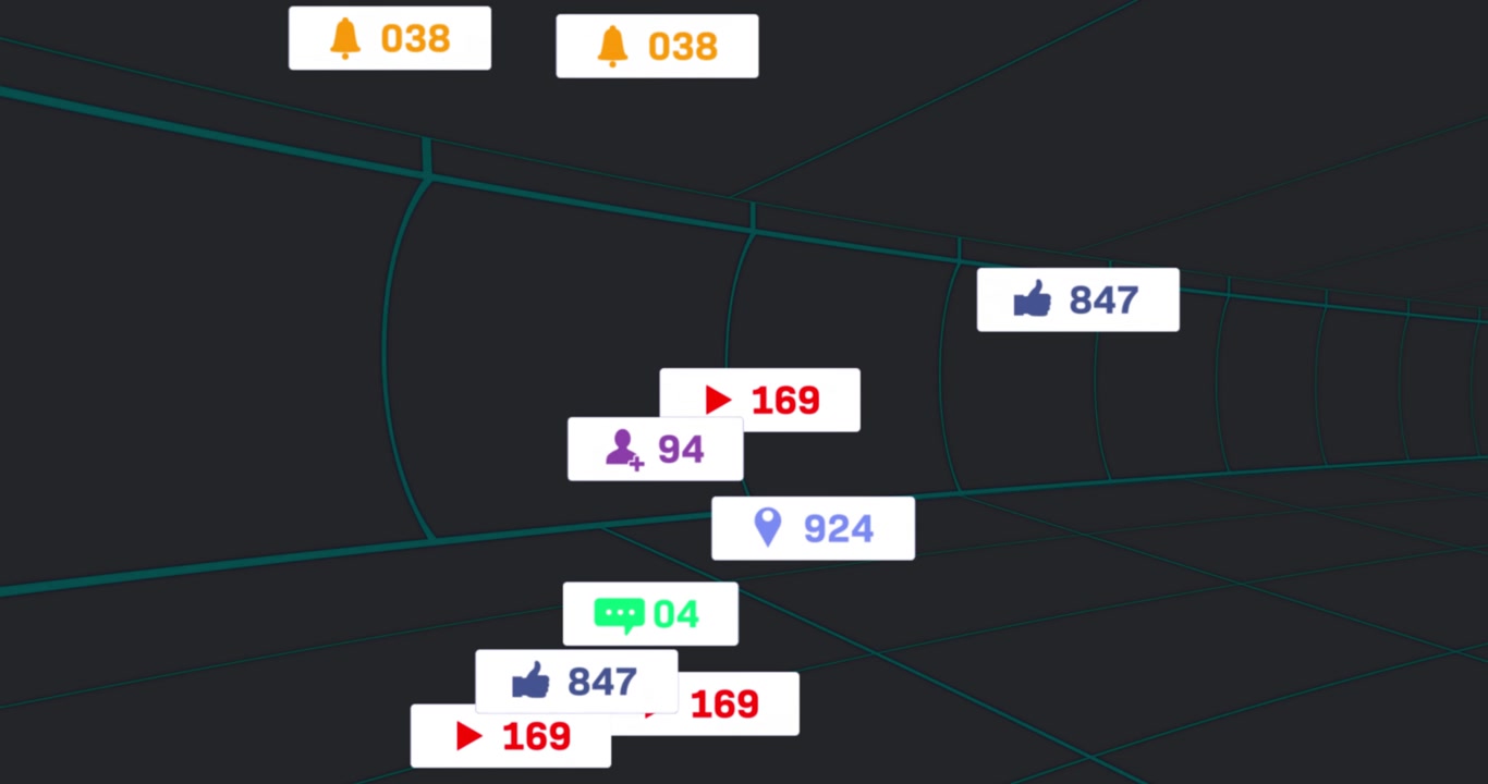 Social media icons appearing at 3s mark drifting upward teal tunnel showing engagement trend fading