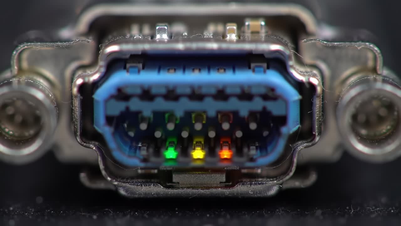 Detailed close-up of a data connection port with colorful indicator lights illuminated in green, yellow, and red. The setting is a tech environment where connectivity is essential.