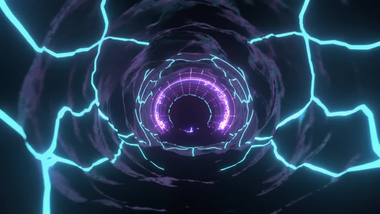 Advancing camera thrusting through neon rings with cyan fissures and purple arcs toward black void