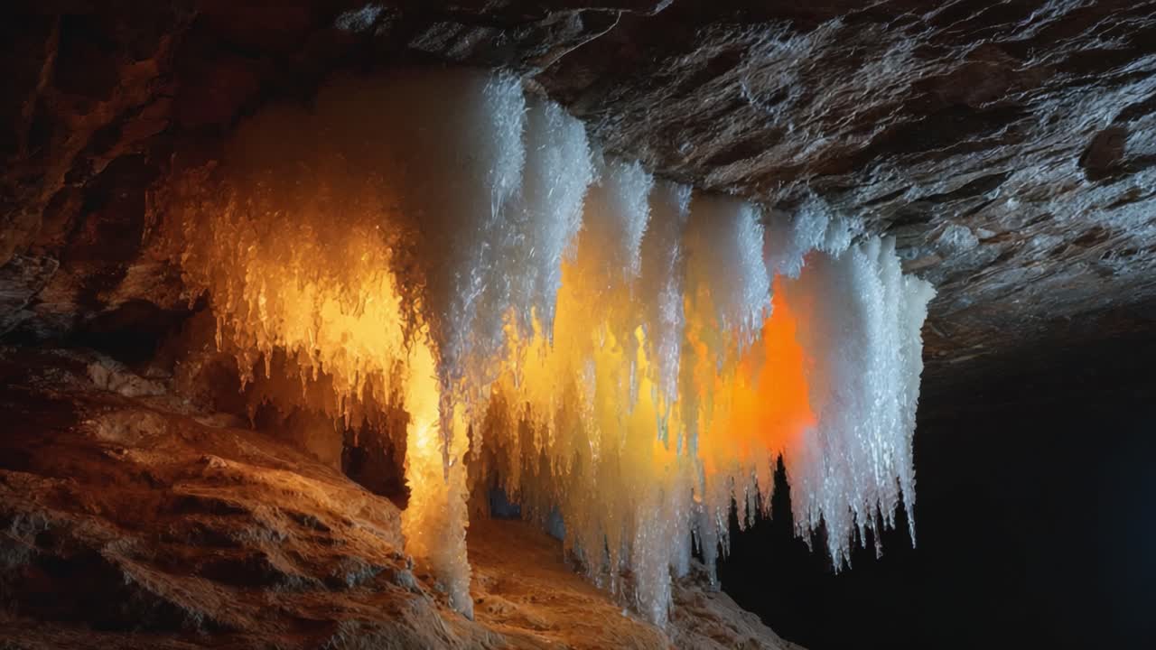 A Spectacular Cave Scene with Vibrant Illuminated Ice Formations Showcasing Stunning Colors against Natural Rock Backgrounds in a Stunning Natural Environment