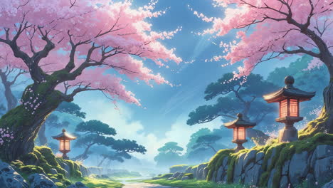 serene cherry blossom pathway with japanese lanterns