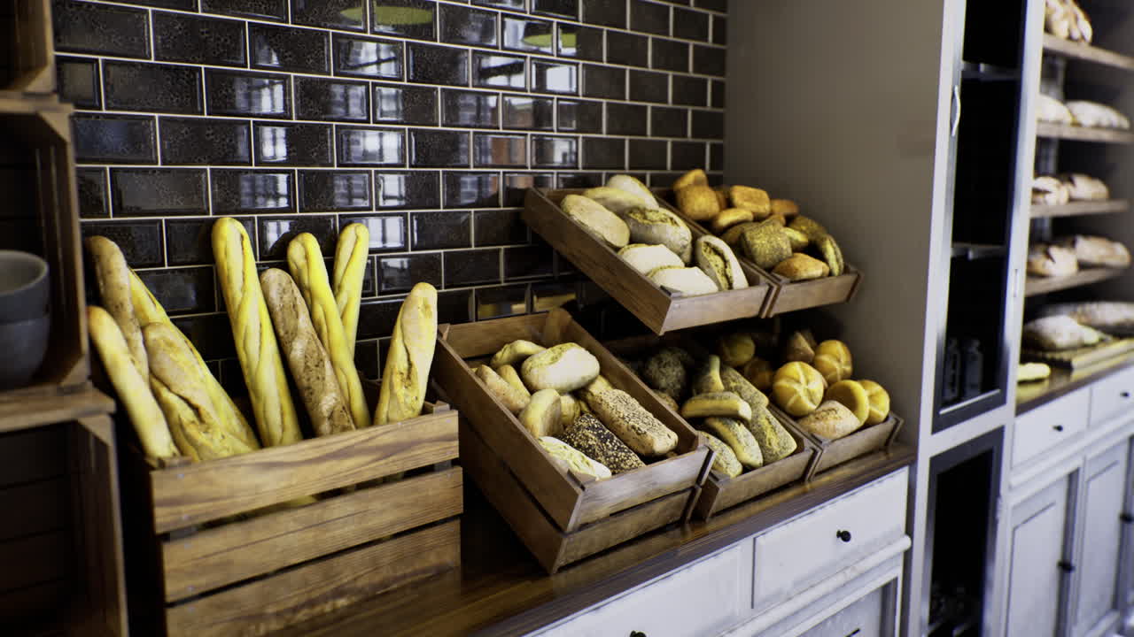 Delicious assortment of fresh breads displayed in a warm bakery setting